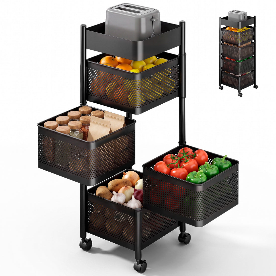 Estante giratorio para verduras negro de 5 niveles con ruedas - Jupplies