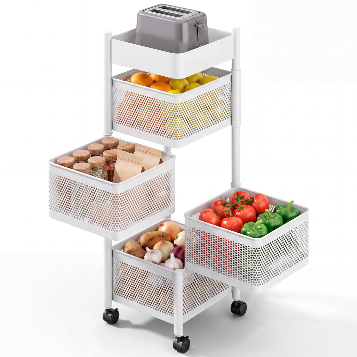 Organizador giratorio de cocina blanco con cestas de malla