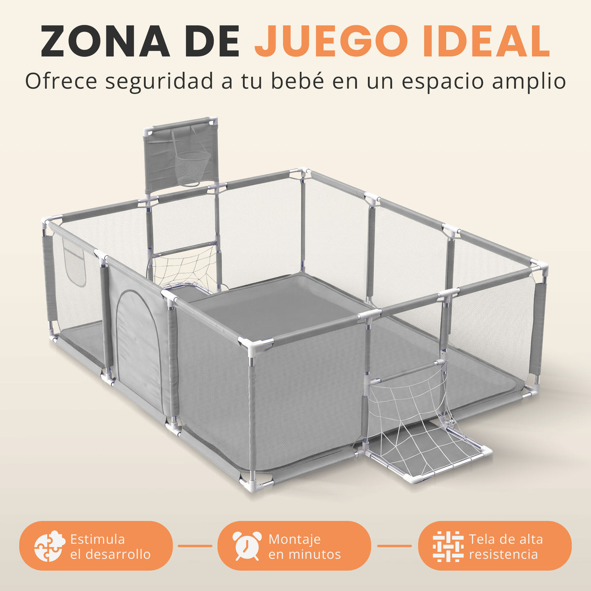 Parque infantil para bebé con canasta y portería 3 en 1 | zona de juego con pelotas y alfombra