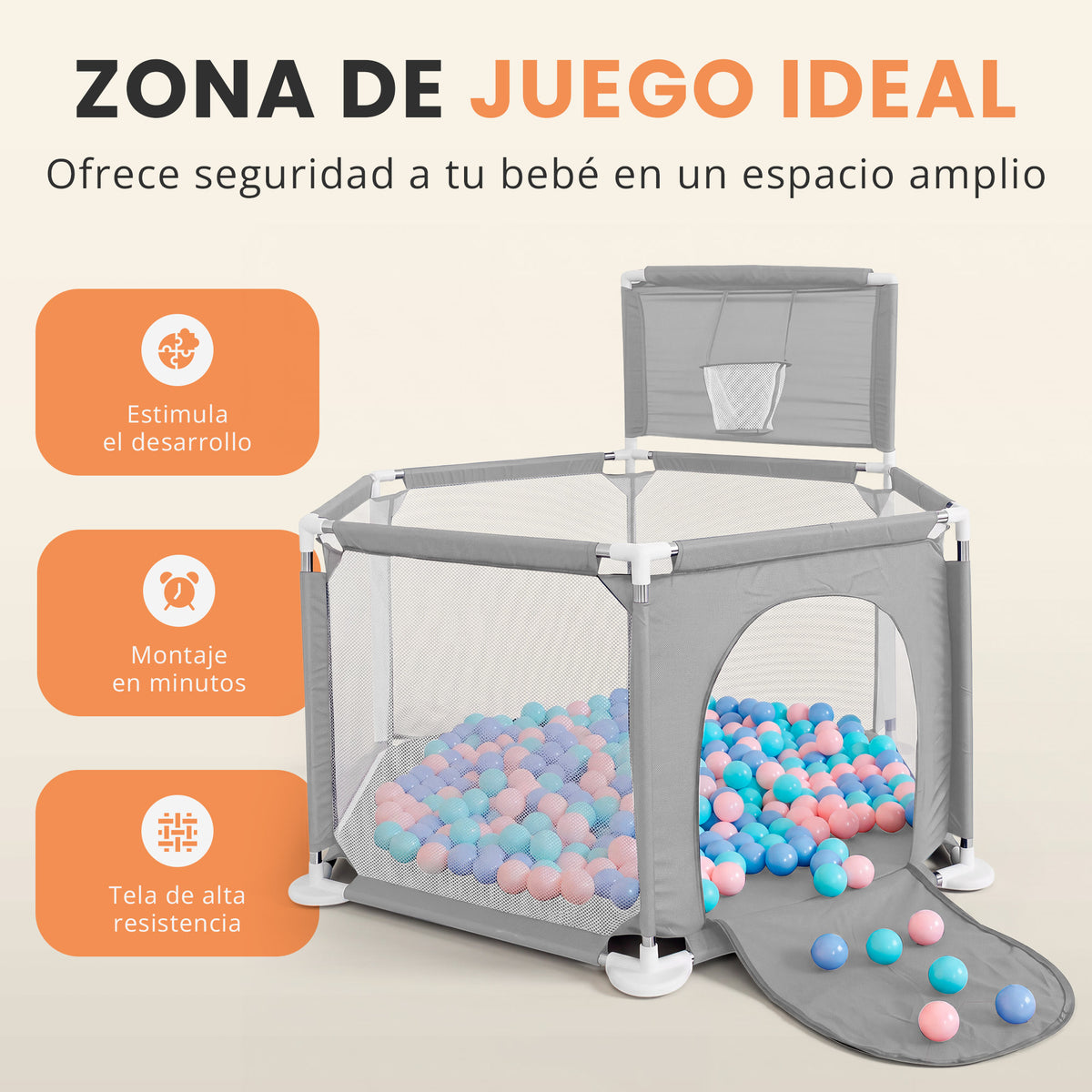 Parque bebé hexagonal compacto con malla transpirable | modelo para espacios reducidos