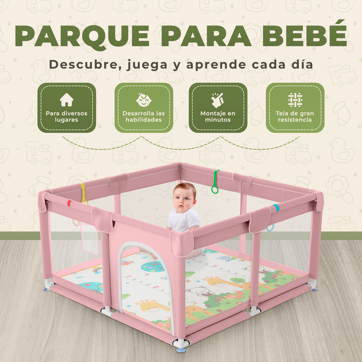 Parque infantil para bebé 120x120 cm con alfombra acolchada | incluye alfombra