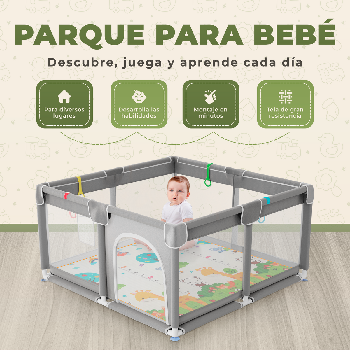 Parque infantil para bebé 120x120 cm con alfombra acolchada | incluye alfombra