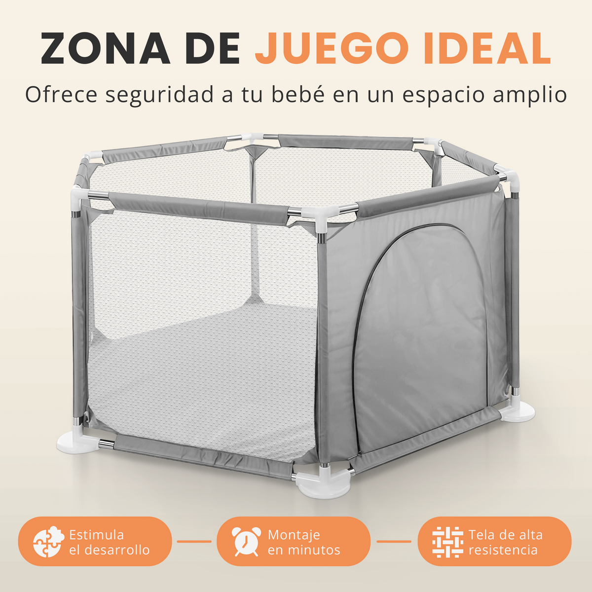 Parque bebé hexagonal compacto con malla transpirable | modelo para espacios reducidos