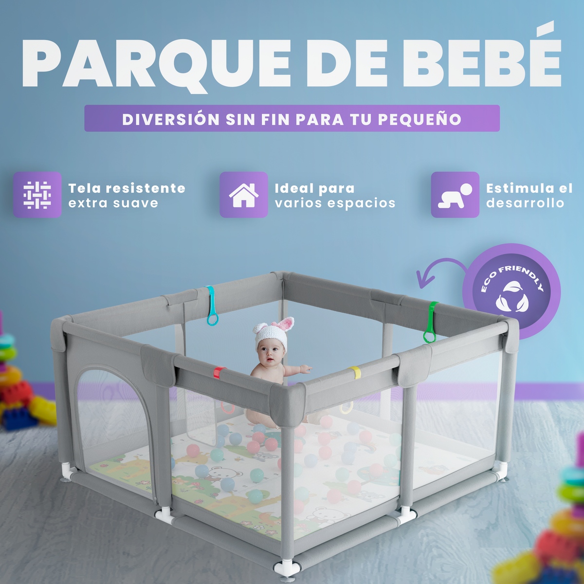 Parque bebé 120x120 cm con alfombra, bolso y bolas incluidas |  pack completo
