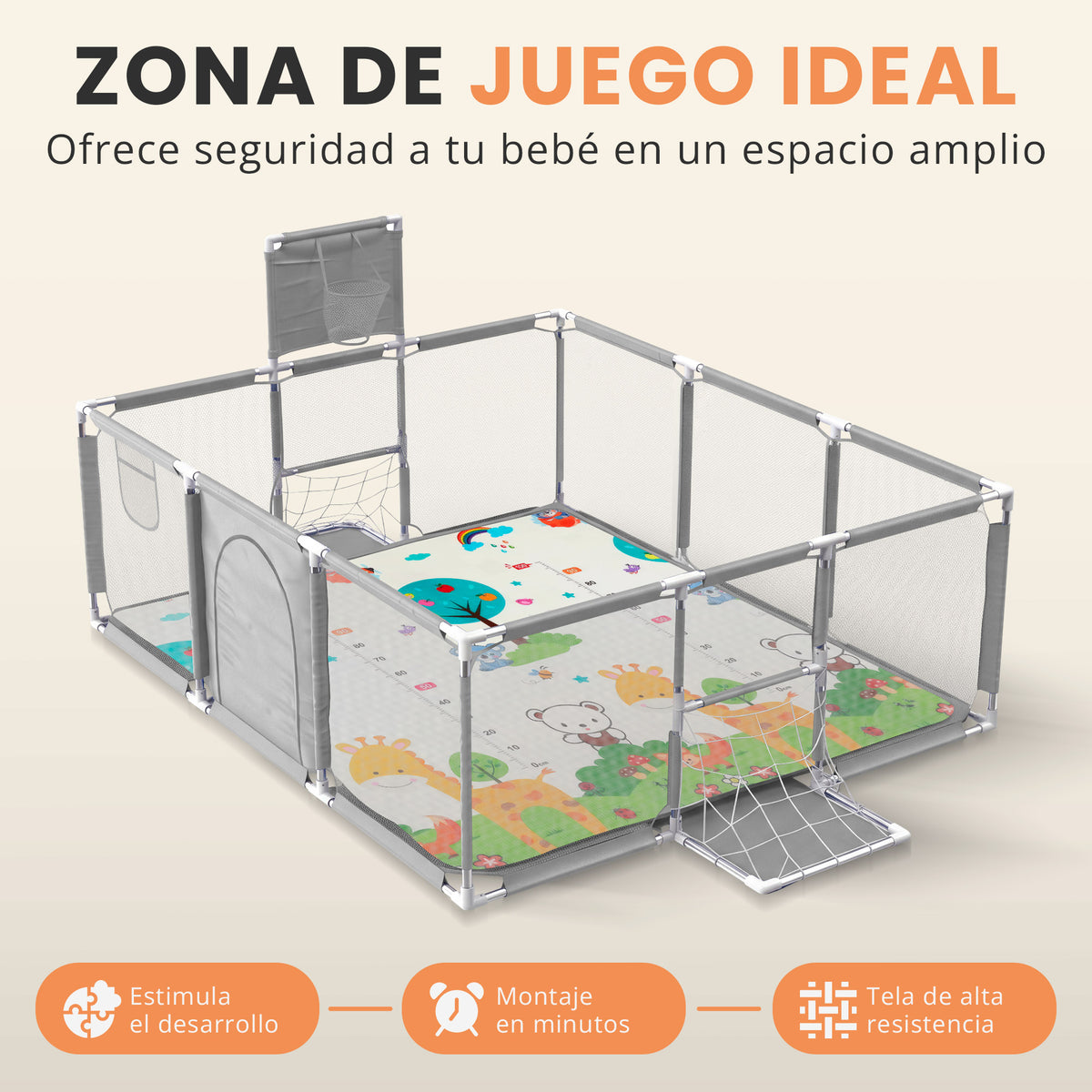 Parque infantil para bebé con canasta y portería 3 en 1 | zona de juego con pelotas y alfombra