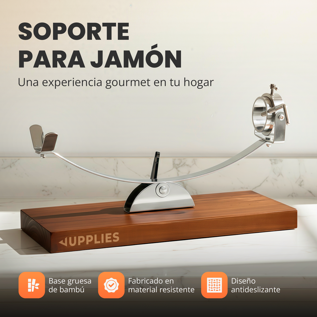 Jamonero premium Jupplies con cuchillo y afilador – sistema giratorio y basculante