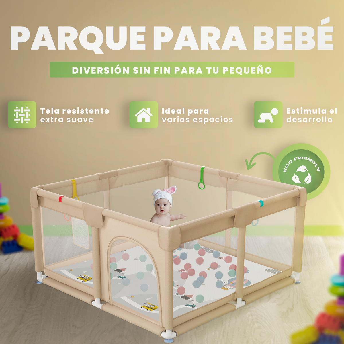Parque bebé 120x120 cm con alfombra, bolso y bolas incluidas |  pack completo