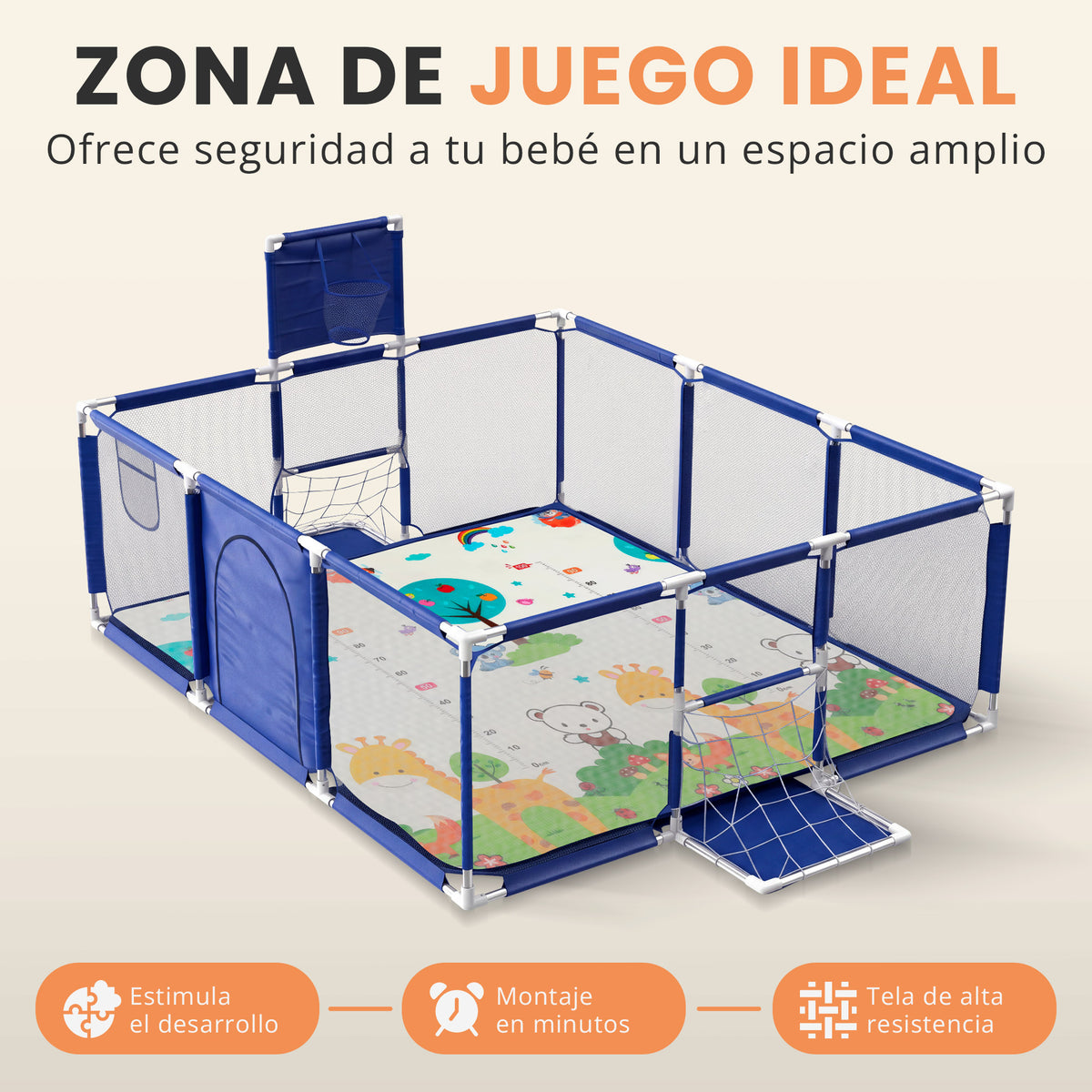 Parque infantil para bebé con canasta y portería 3 en 1 | zona de juego con pelotas y alfombra