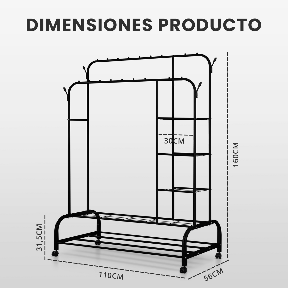 Burro de ropa con estantes y ruedas