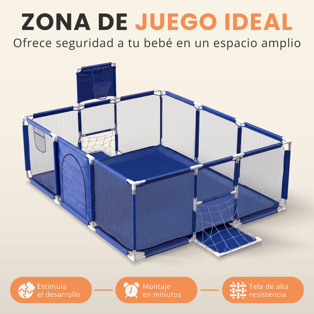 Parque infantil para bebé con canasta y portería 3 en 1 | zona de juego con pelotas y alfombra