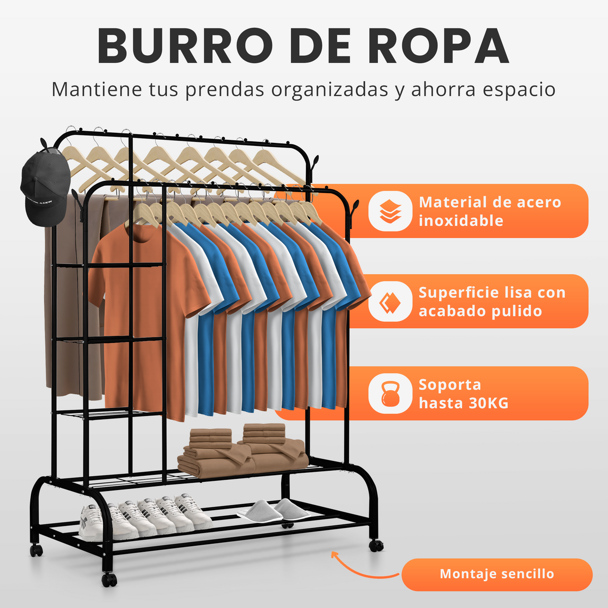 Burro de ropa con estantes y ruedas