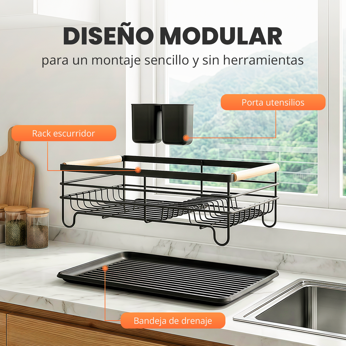 Escurreplatos con toques en madera