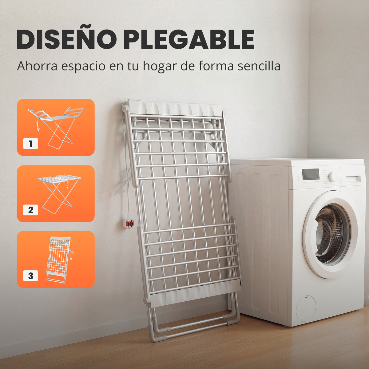 Tendedero electrico plegado ocupando poco espacio
