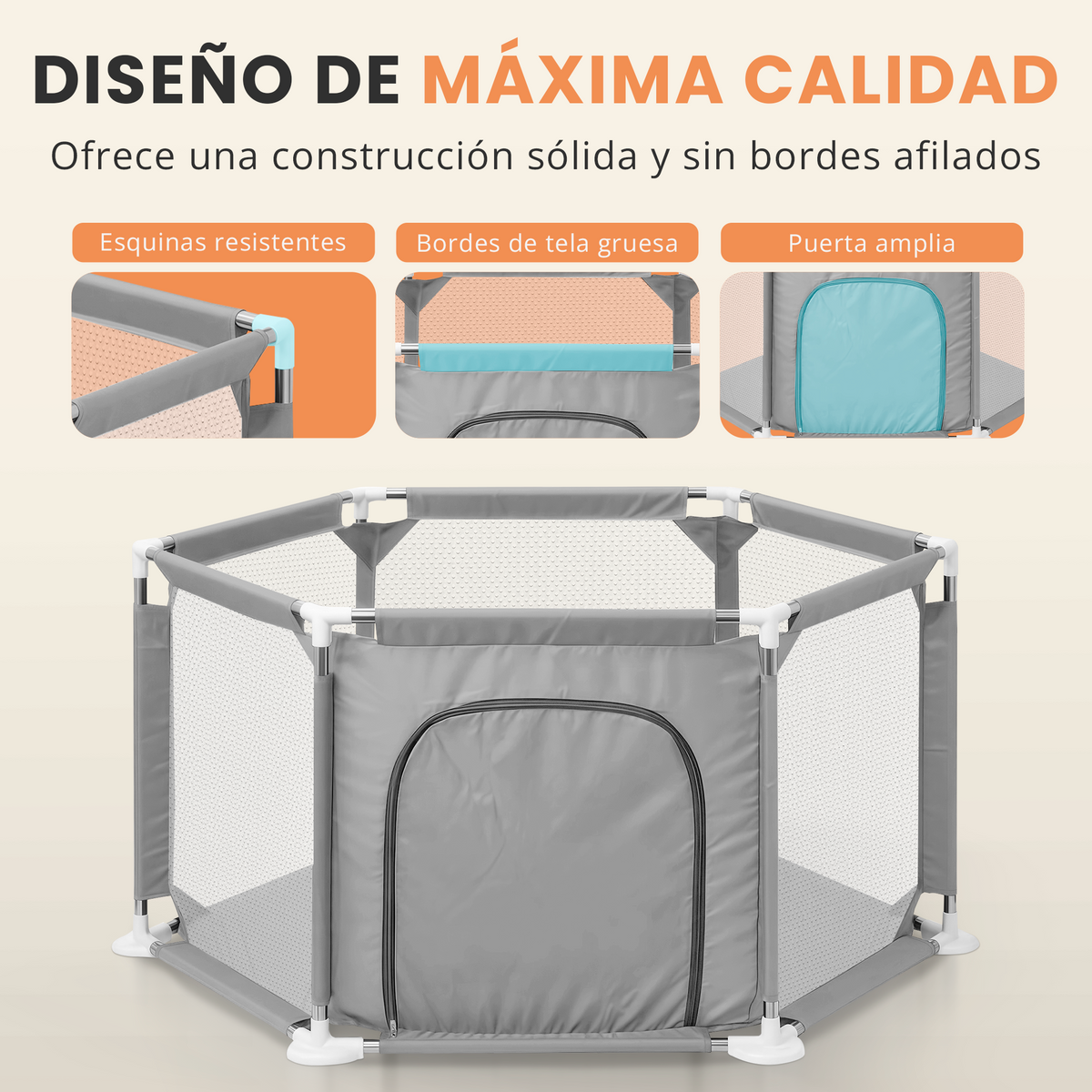 Parque bebé hexagonal compacto con malla transpirable | modelo para espacios reducidos