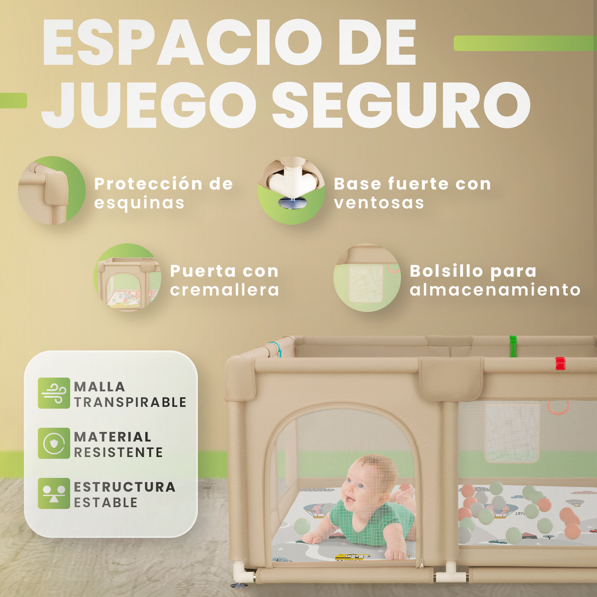Parque bebé 120x120 cm con alfombra, bolso y bolas incluidas |  pack completo
