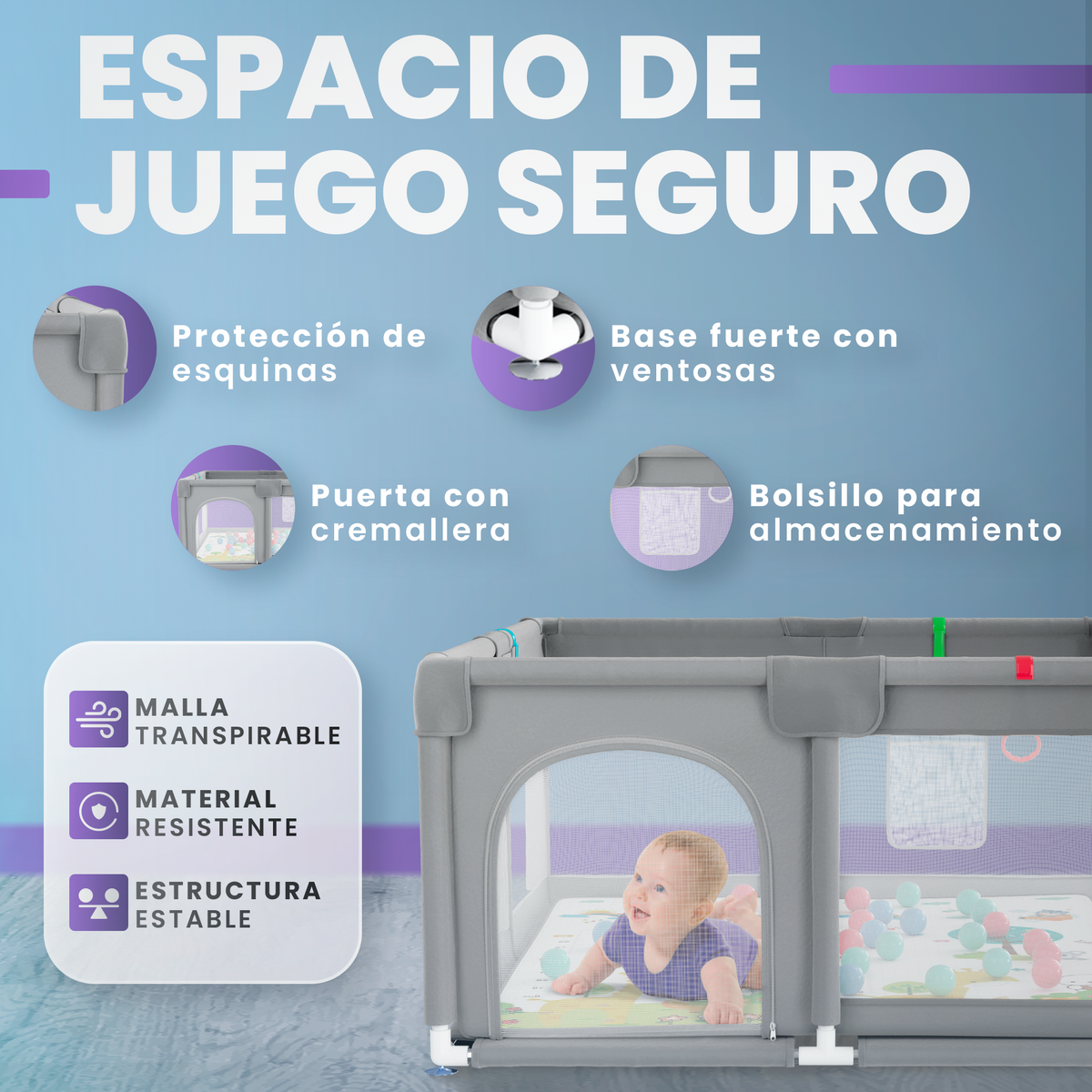 Parque bebé 120x120 cm con alfombra, bolso y bolas incluidas |  pack completo