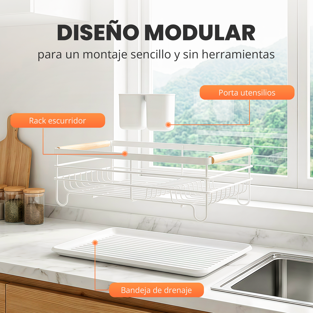 Escurreplatos con toques en madera
