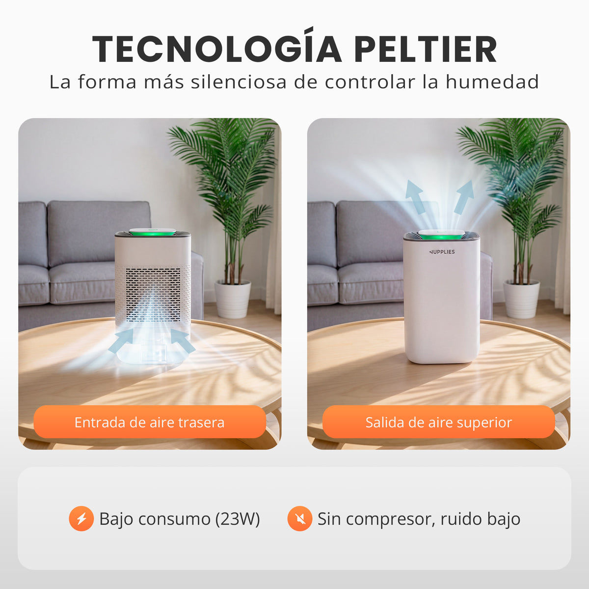 Deshumidificador silencioso 800 ml con luz LED verde - Jupplies
