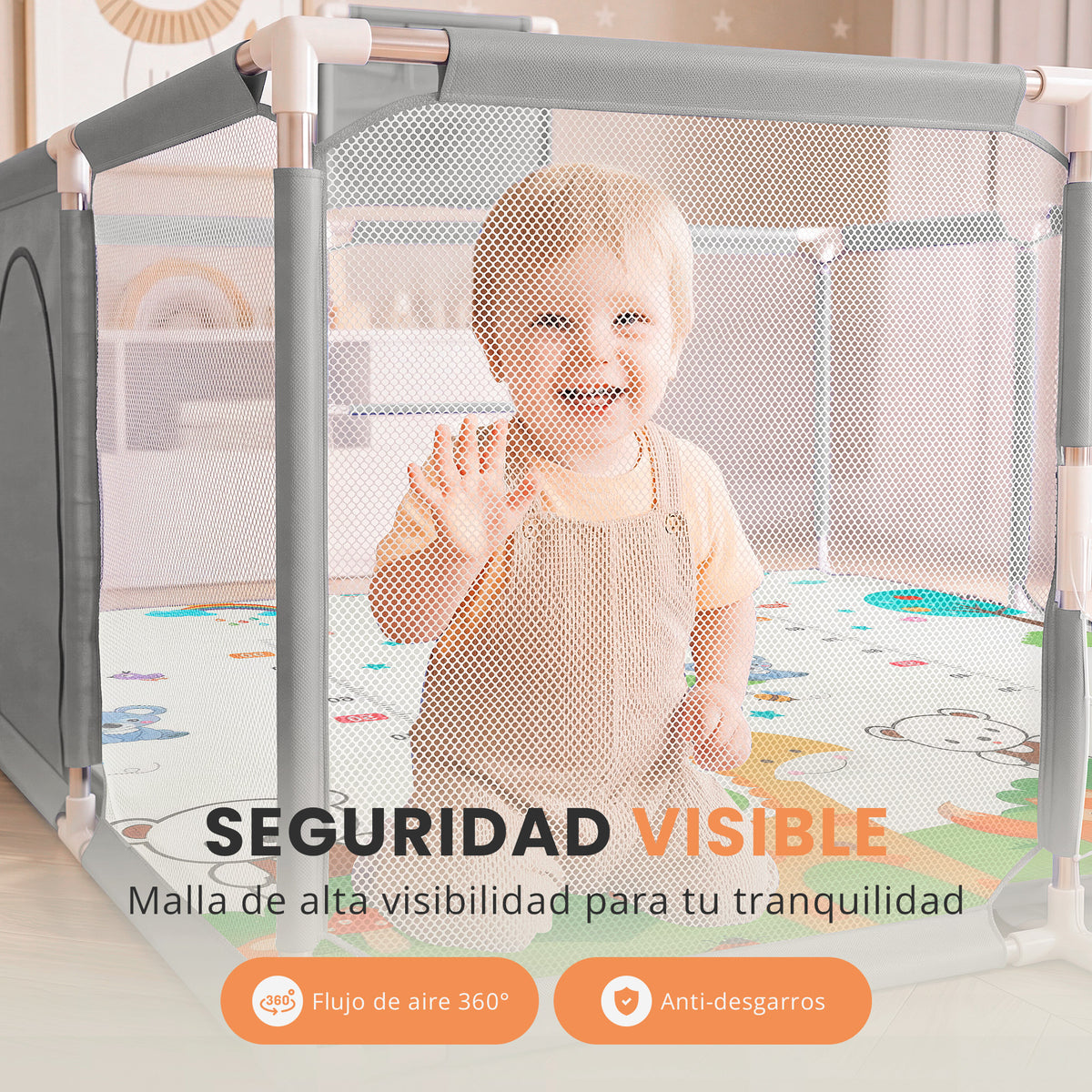 Parque infantil para bebé con canasta y portería 3 en 1 | zona de juego con pelotas y alfombra
