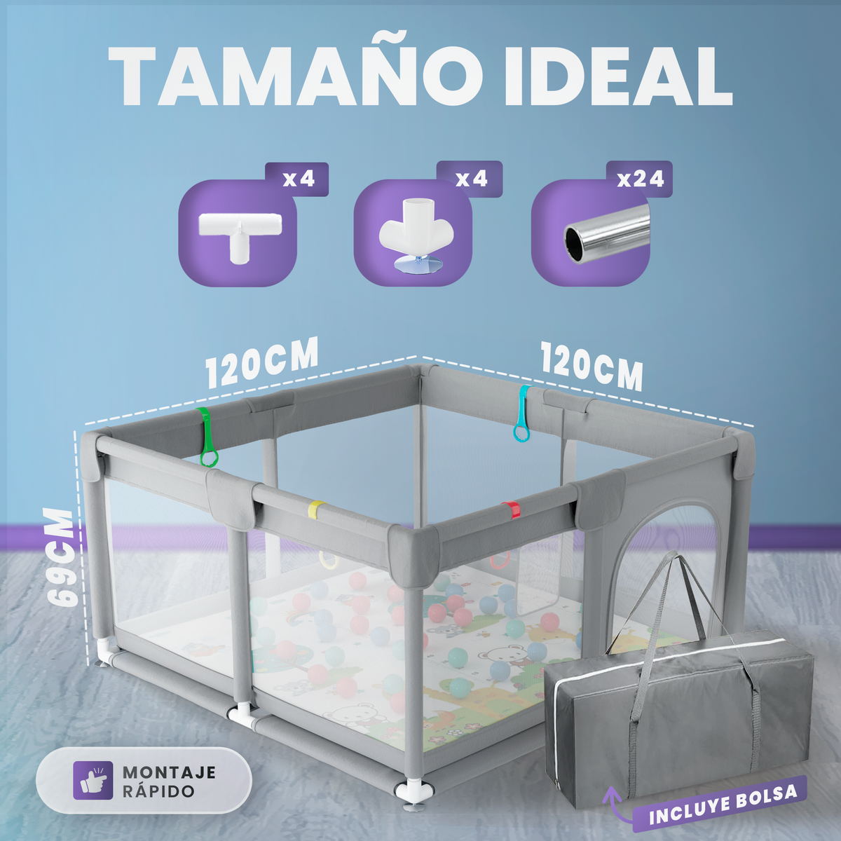 Parque bebé 120x120 cm con alfombra, bolso y bolas incluidas |  pack completo