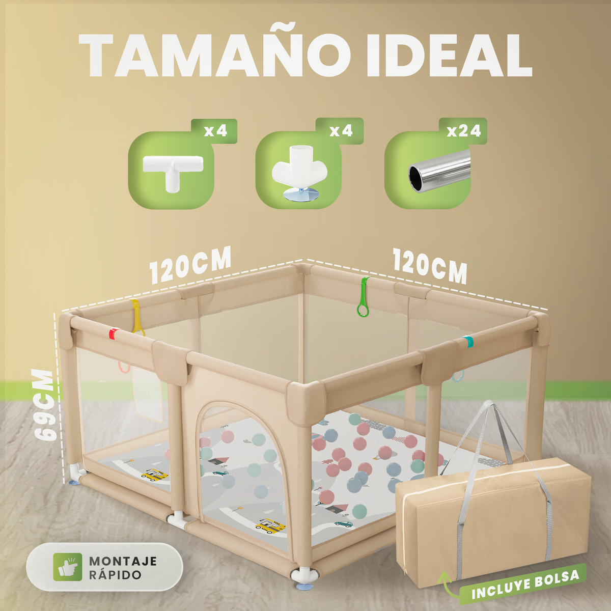 Parque bebé 120x120 cm con alfombra, bolso y bolas incluidas |  pack completo