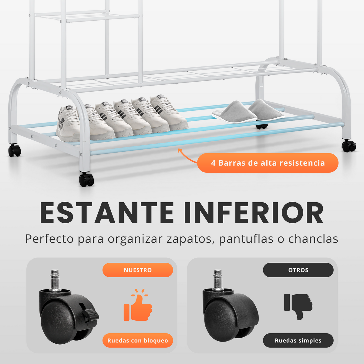 Burro de ropa con estantes y ruedas
