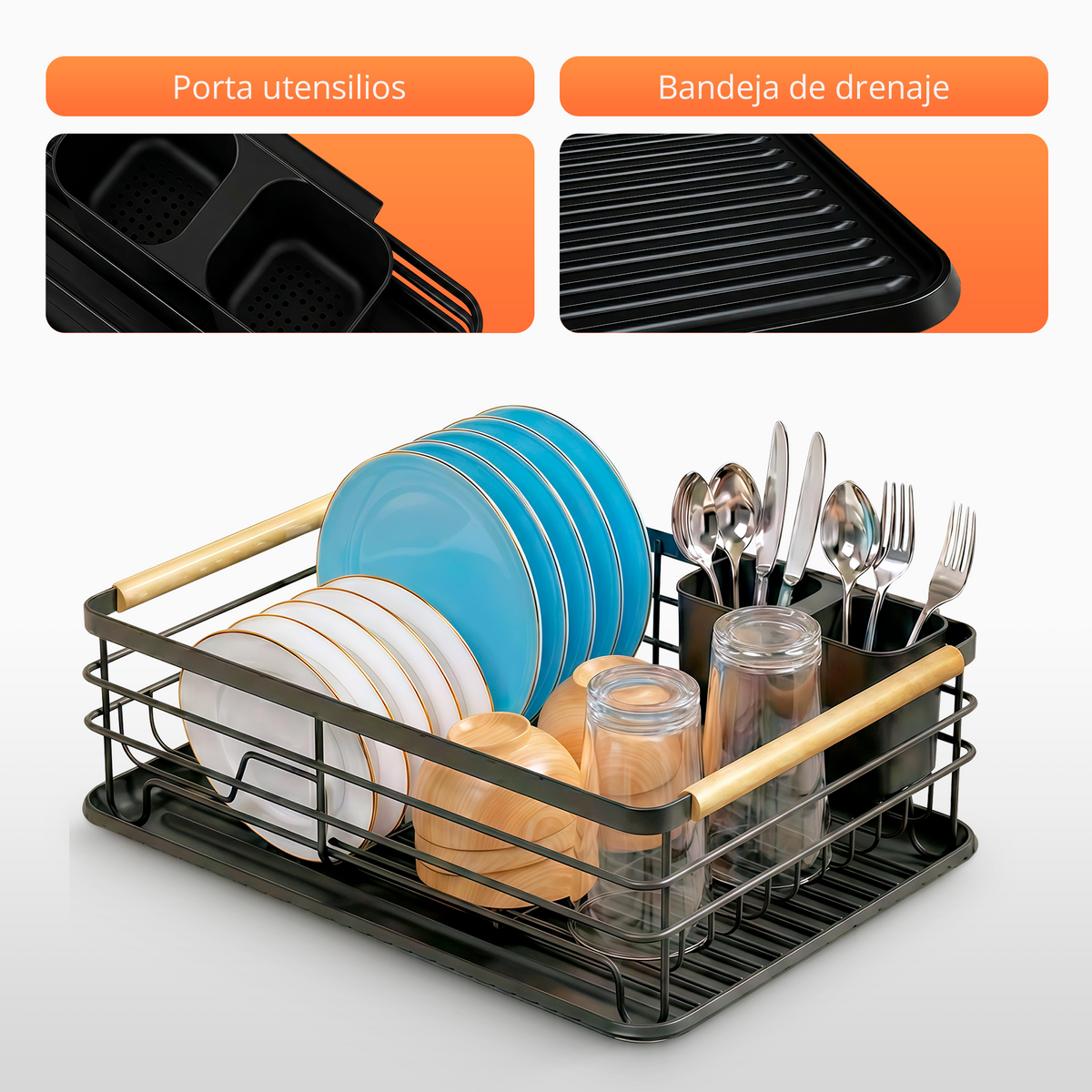 Escurreplatos con toques en madera