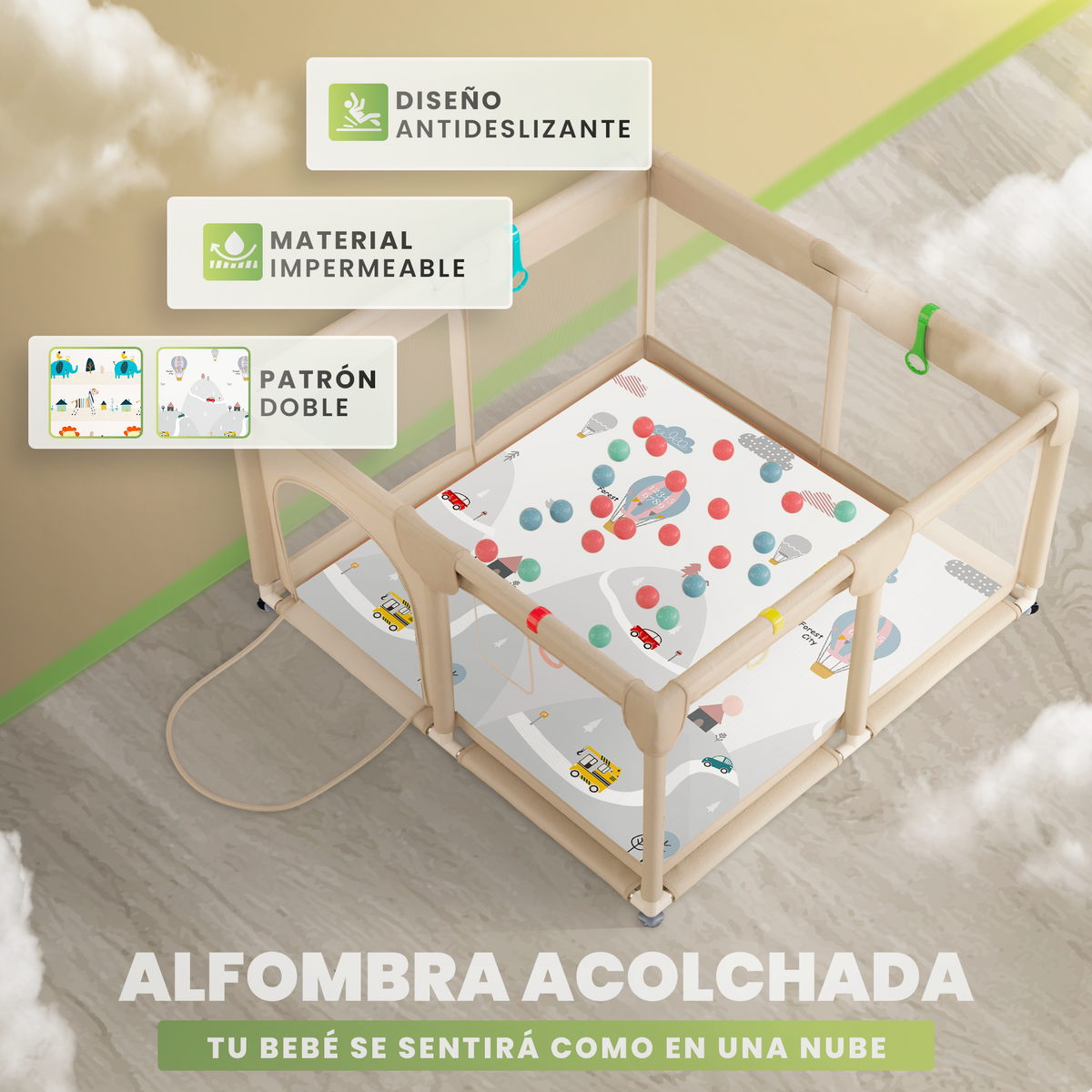 Parque bebé 120x120 cm con alfombra, bolso y bolas incluidas |  pack completo