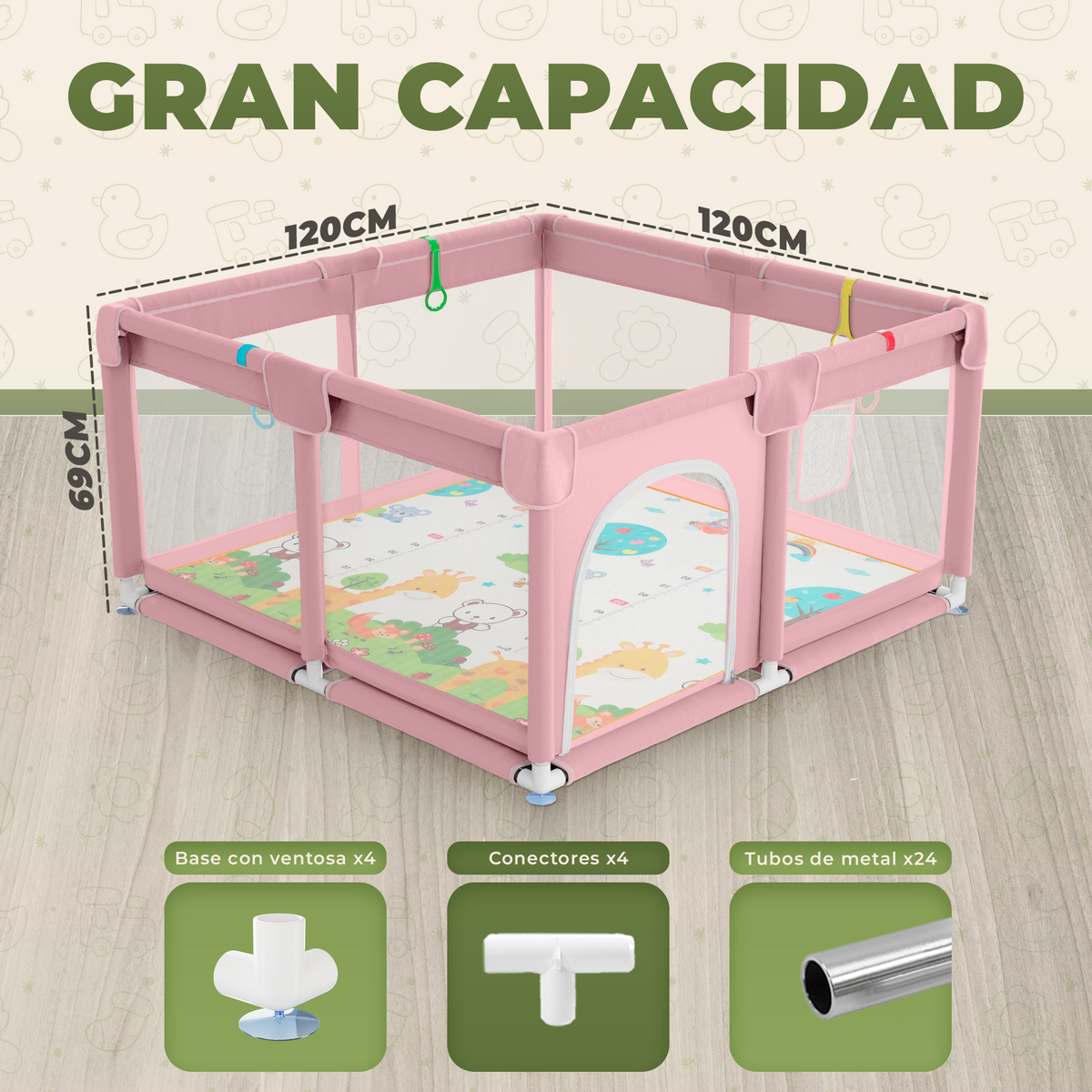 Parque infantil para bebé 120x120 cm con alfombra acolchada | incluye alfombra