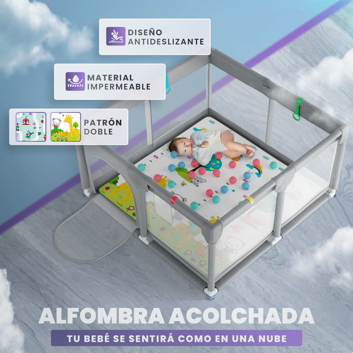 Parque bebé 120x120 cm con alfombra, bolso y bolas incluidas |  pack completo