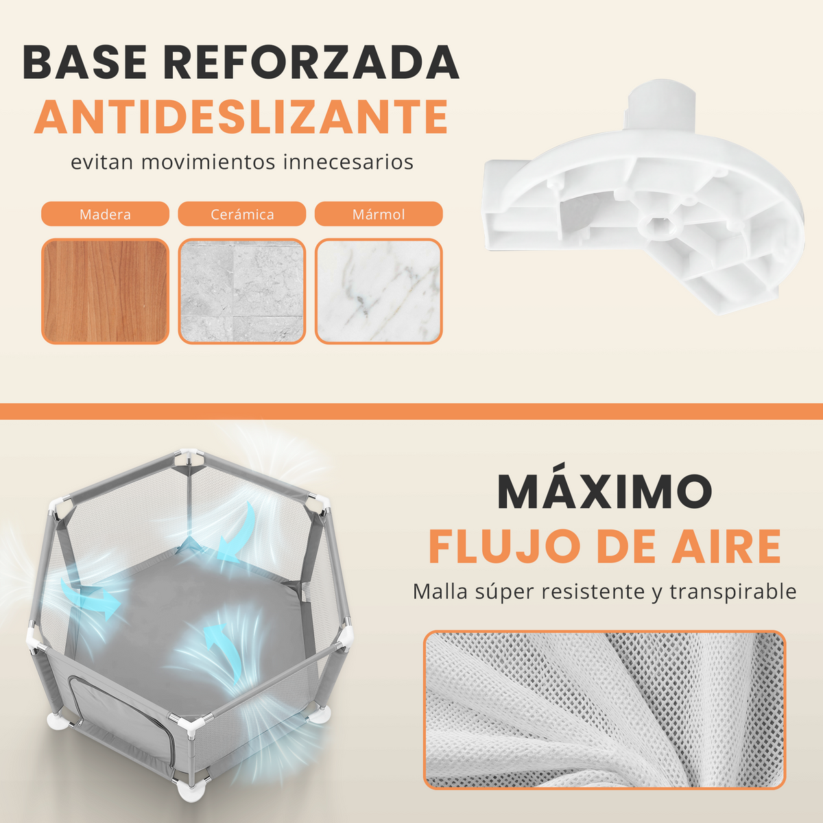 Parque bebé hexagonal compacto con malla transpirable | modelo para espacios reducidos