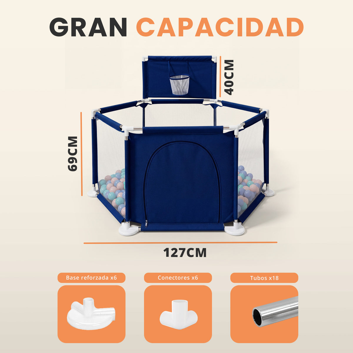 Parque bebé hexagonal compacto con malla transpirable | modelo para espacios reducidos