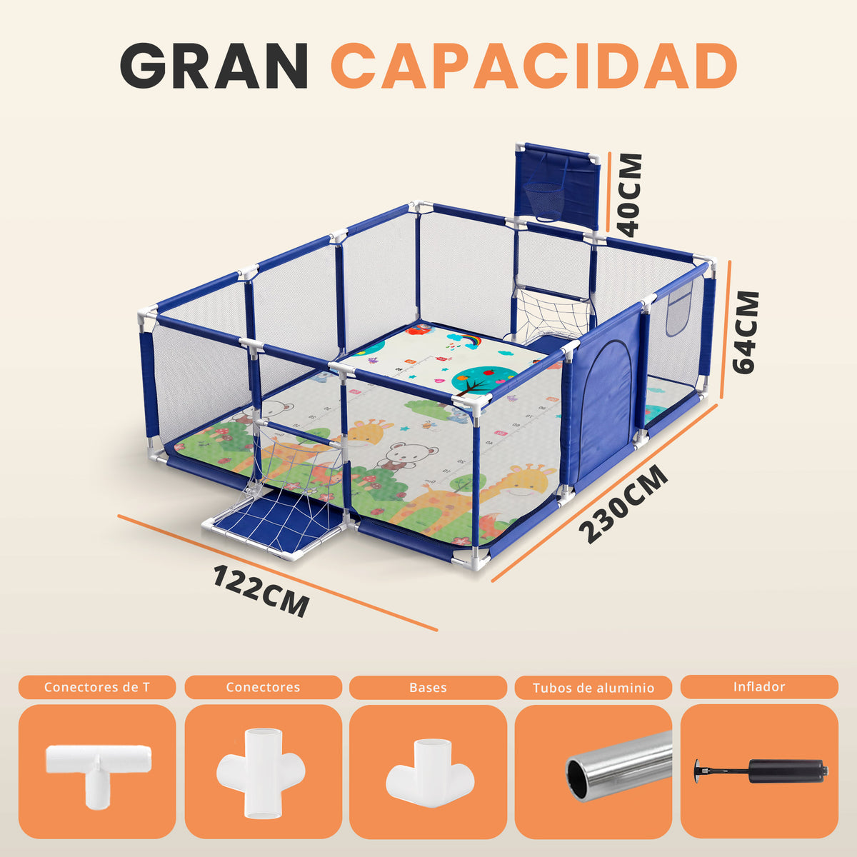 Parque infantil para bebé con canasta y portería 3 en 1 | zona de juego con pelotas y alfombra