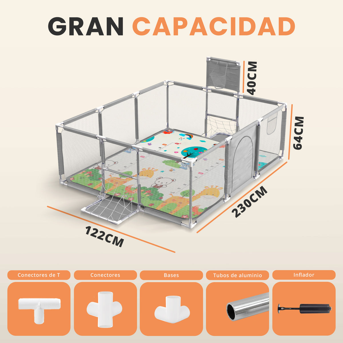 Parque infantil para bebé con canasta y portería 3 en 1 | zona de juego con pelotas y alfombra