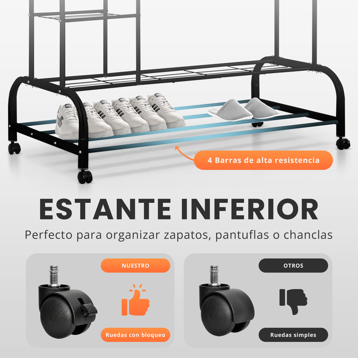 Burro de ropa con estantes y ruedas