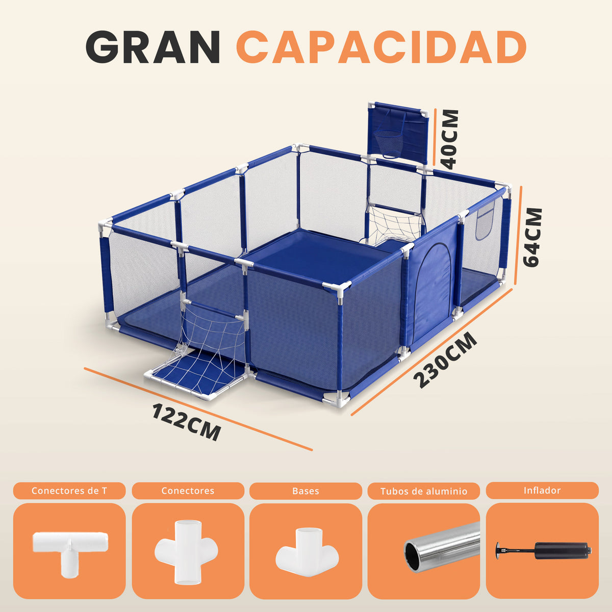 Parque infantil para bebé con canasta y portería 3 en 1 | zona de juego con pelotas y alfombra