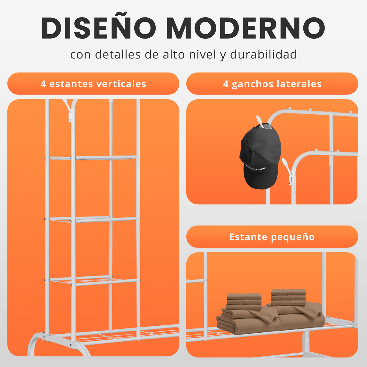 Burro de ropa con estantes y ruedas