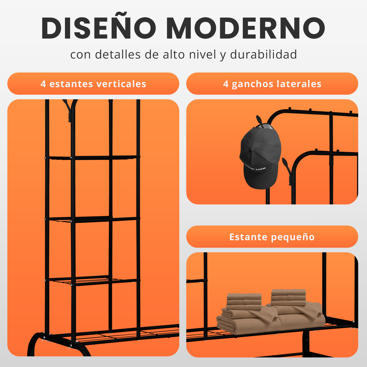 Burro de ropa con estantes y ruedas