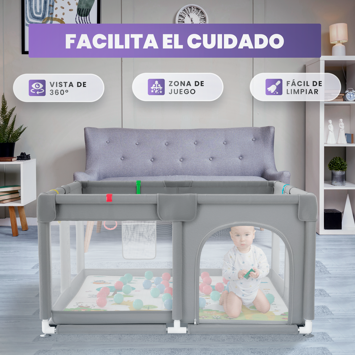 Parque bebé 120x120 cm con alfombra, bolso y bolas incluidas |  pack completo