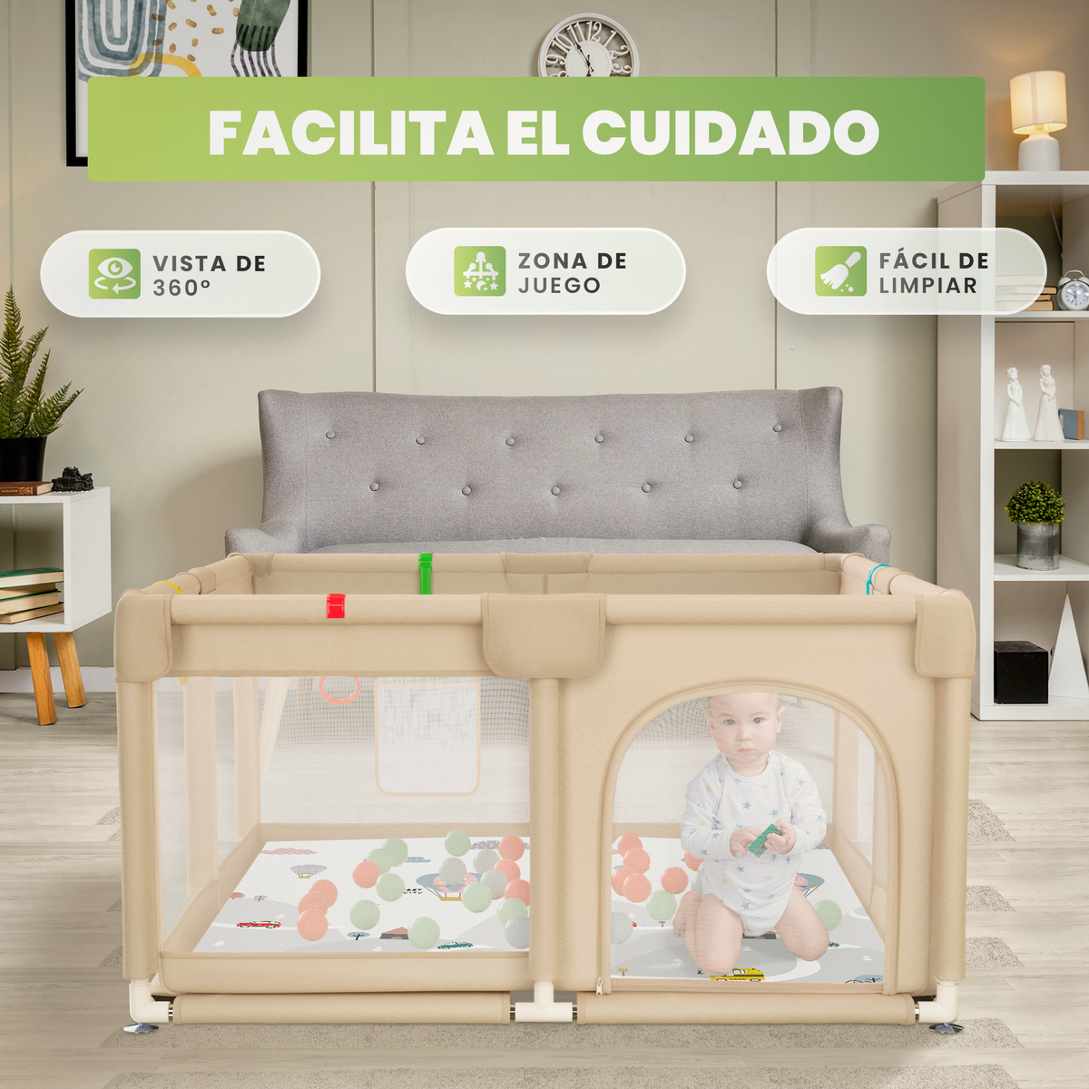 Parque bebé 120x120 cm con alfombra, bolso y bolas incluidas |  pack completo