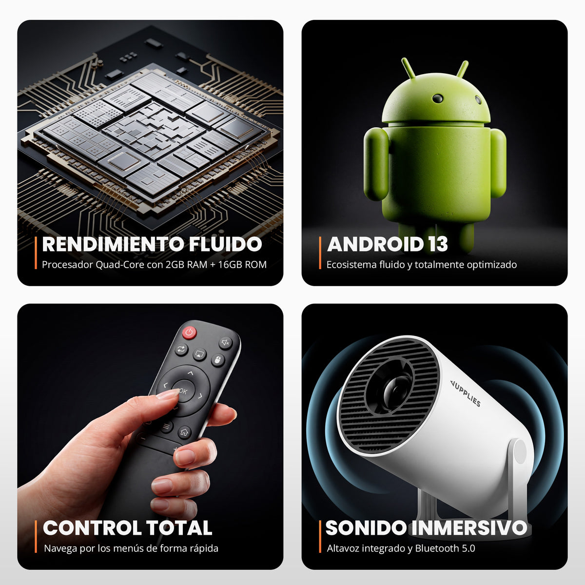 Proyector portátil Android 13 con WiFi y Bluetooth - HD 1080p - Jupplies