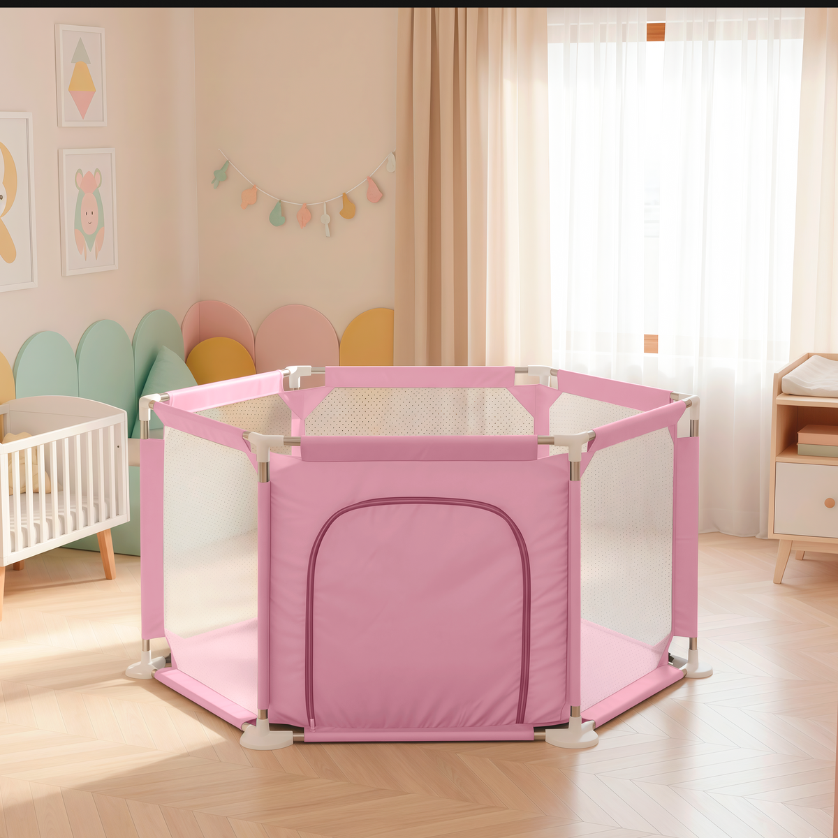 Parque bebé hexagonal compacto con malla transpirable | modelo para espacios reducidos