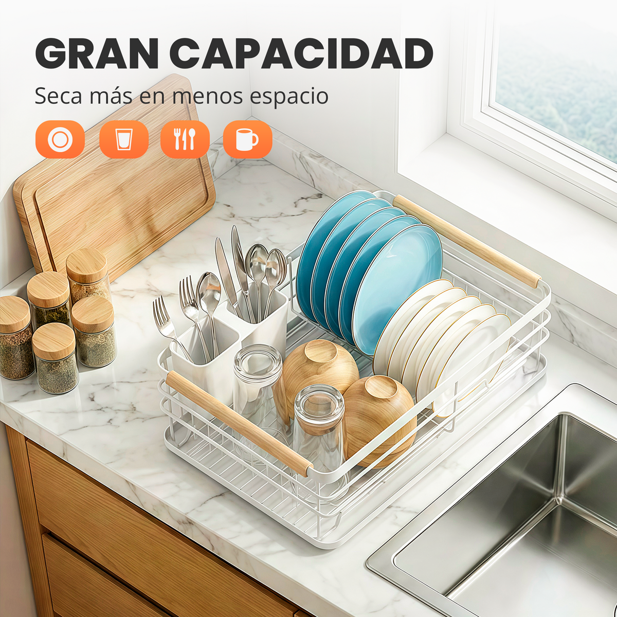Escurreplatos con toques en madera
