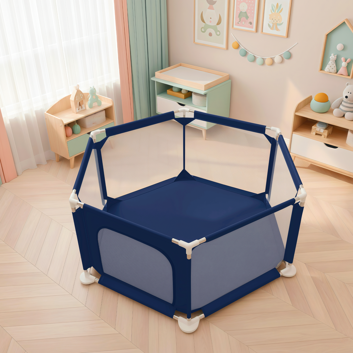Parque bebé hexagonal compacto con malla transpirable | modelo para espacios reducidos