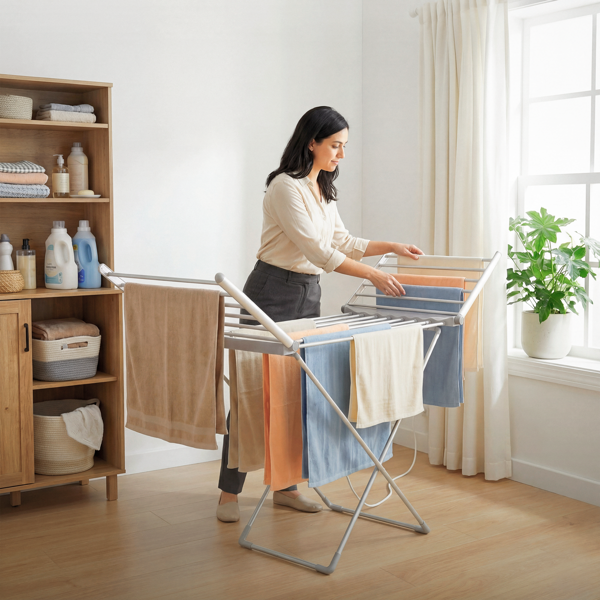 Tendedero electrico plegable Jupplies desplegado con ropa