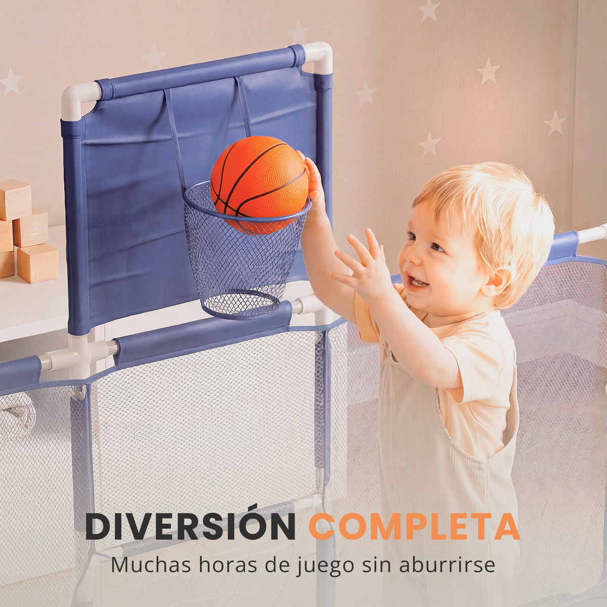 Parque infantil para bebé con canasta y portería 3 en 1 | zona de juego con pelotas y alfombra