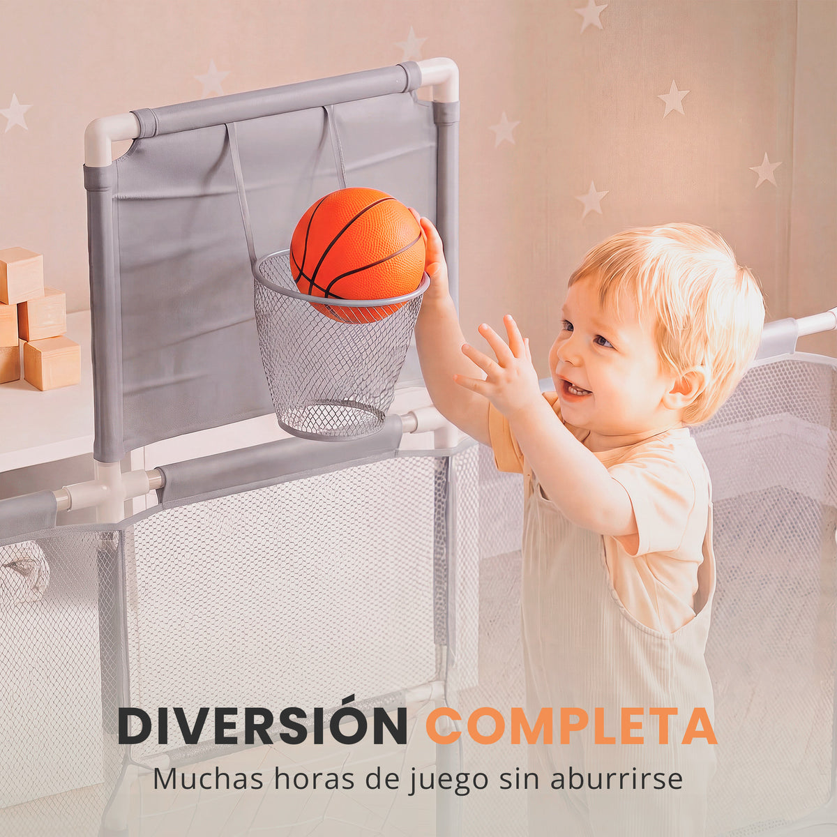 Parque infantil para bebé con canasta y portería 3 en 1 | zona de juego con pelotas y alfombra