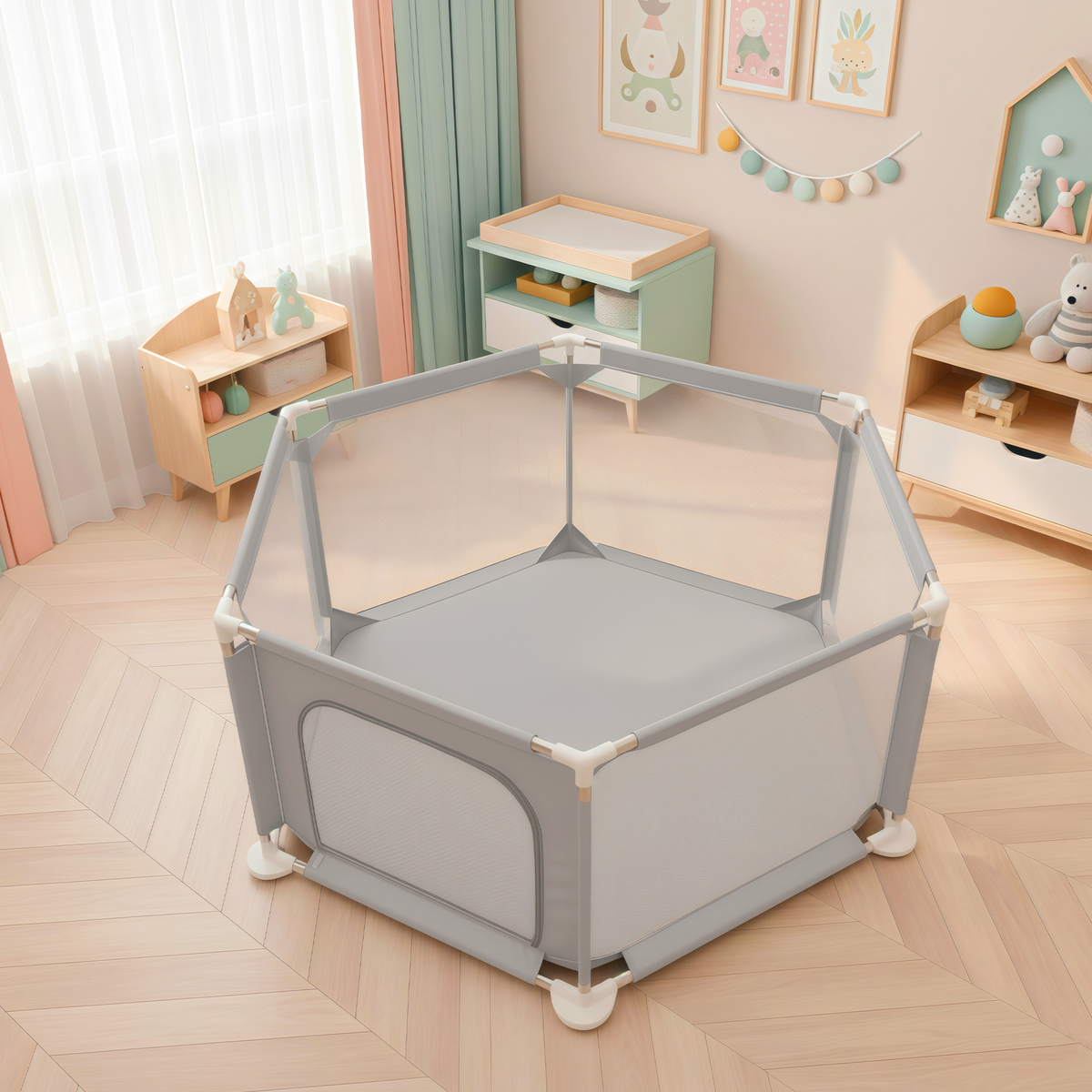 Parque bebé hexagonal compacto con malla transpirable | modelo para espacios reducidos