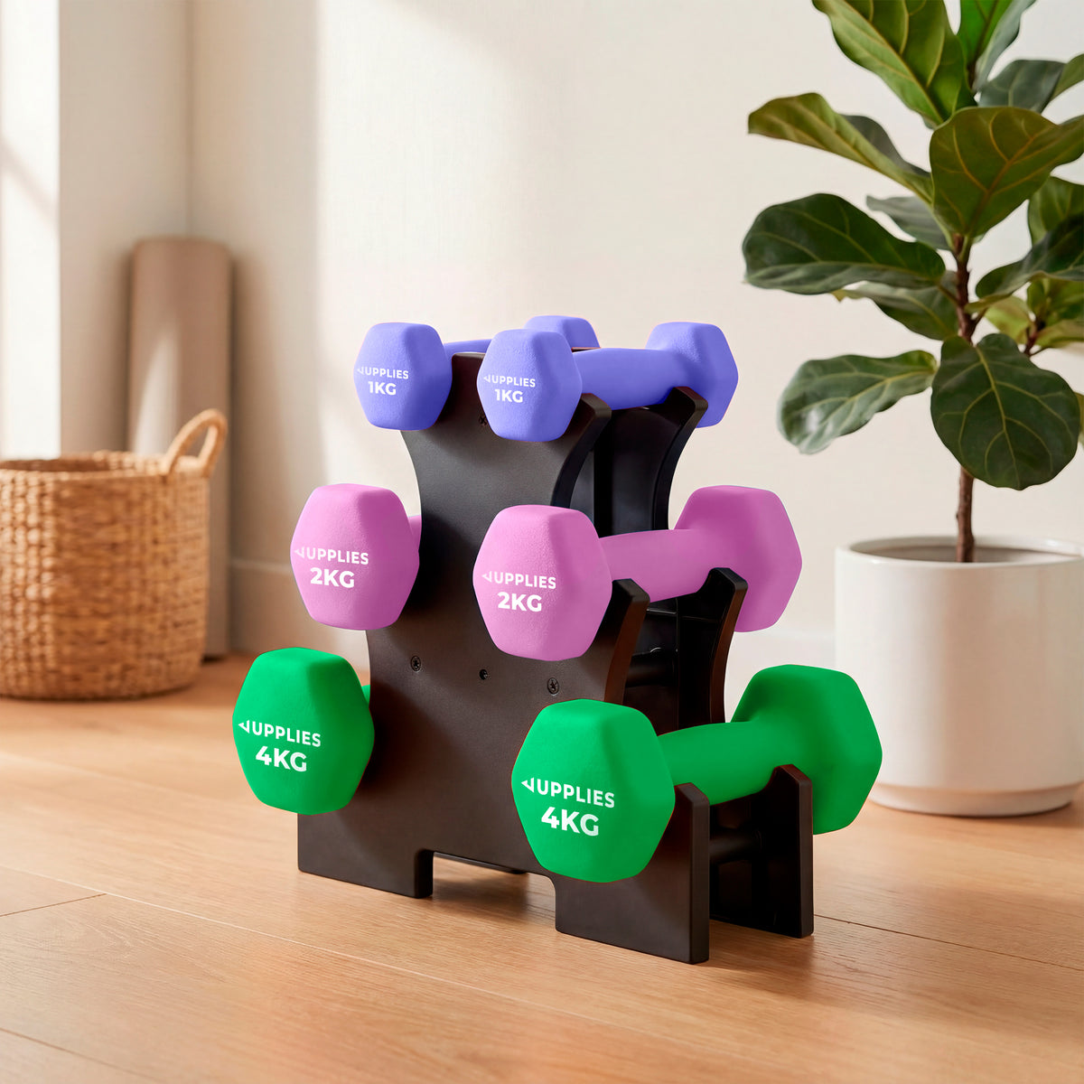 Rack + pack de mancuernas de neopreno Jupplies