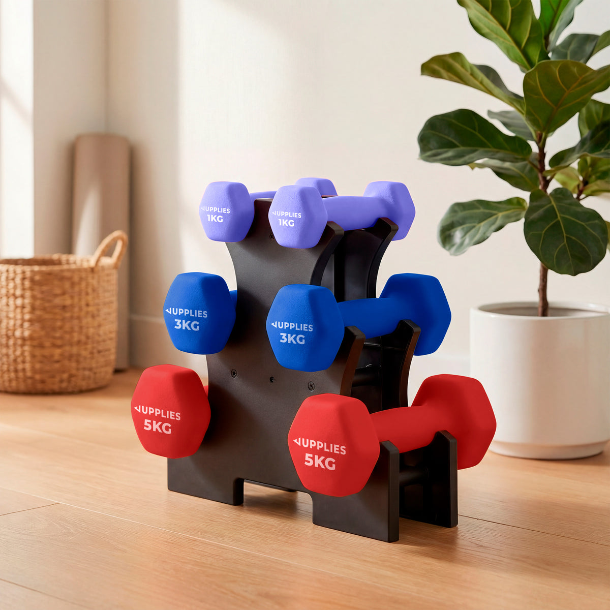 Rack + pack de mancuernas de neopreno Jupplies